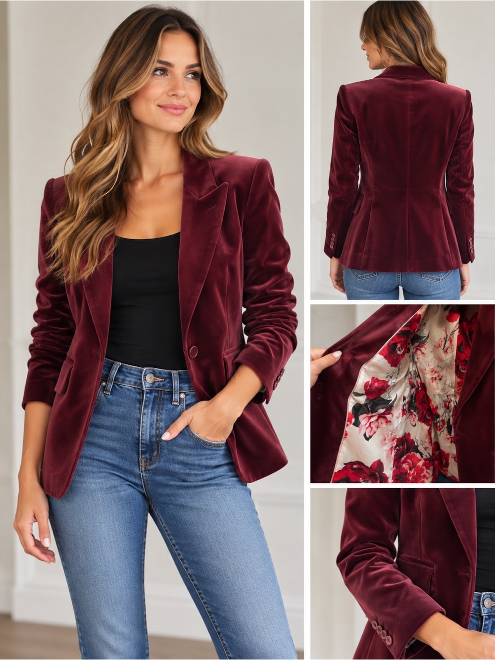 White House Black Market Editor Velvet Blazer Floral Lined - Size 6